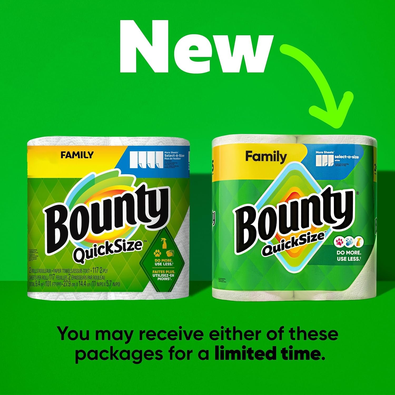 Bounty old and new packaging comparison; sheet counts can vary