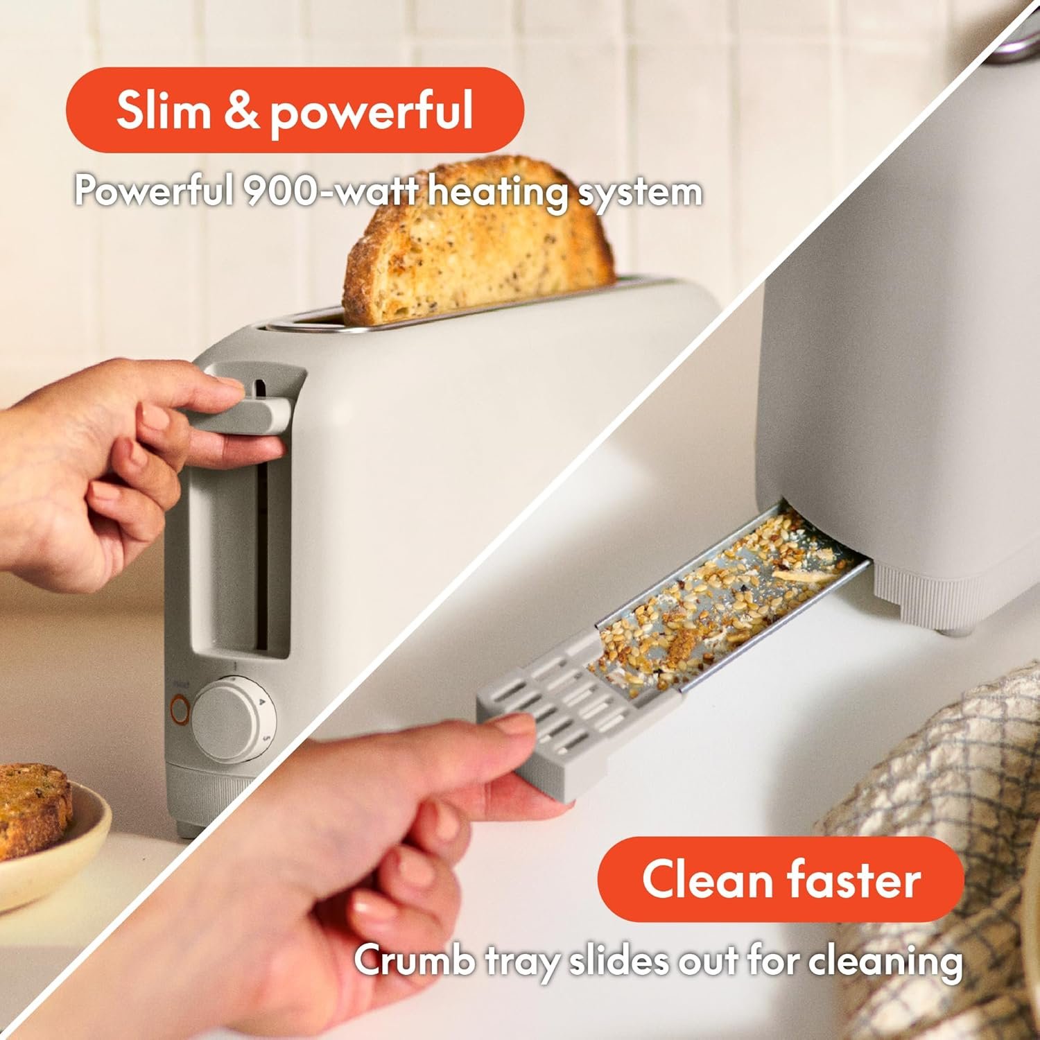 Brand image of the lift lever and removable crumb tray